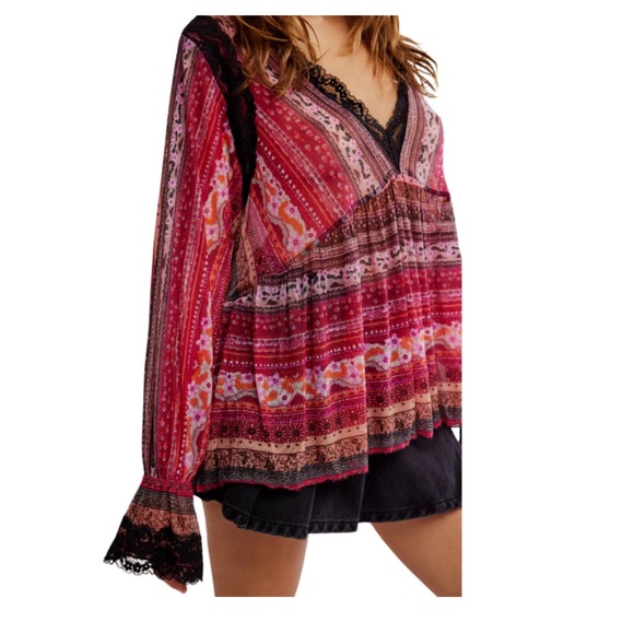 Free People Natalie Printed Long Sleeve Top in Plum Combo sz XS NWT $128R - Picture 6 of 8